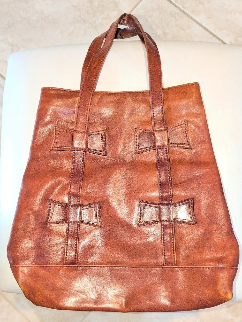 Stacy Leigh Distressed Brown Leather Bow Tote Bag